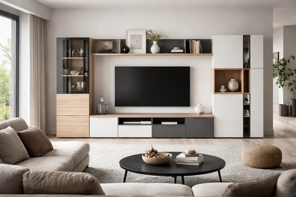 Moderni dnevni boravak s modularnim regalom u kombinaciji drveta i bijele boje
