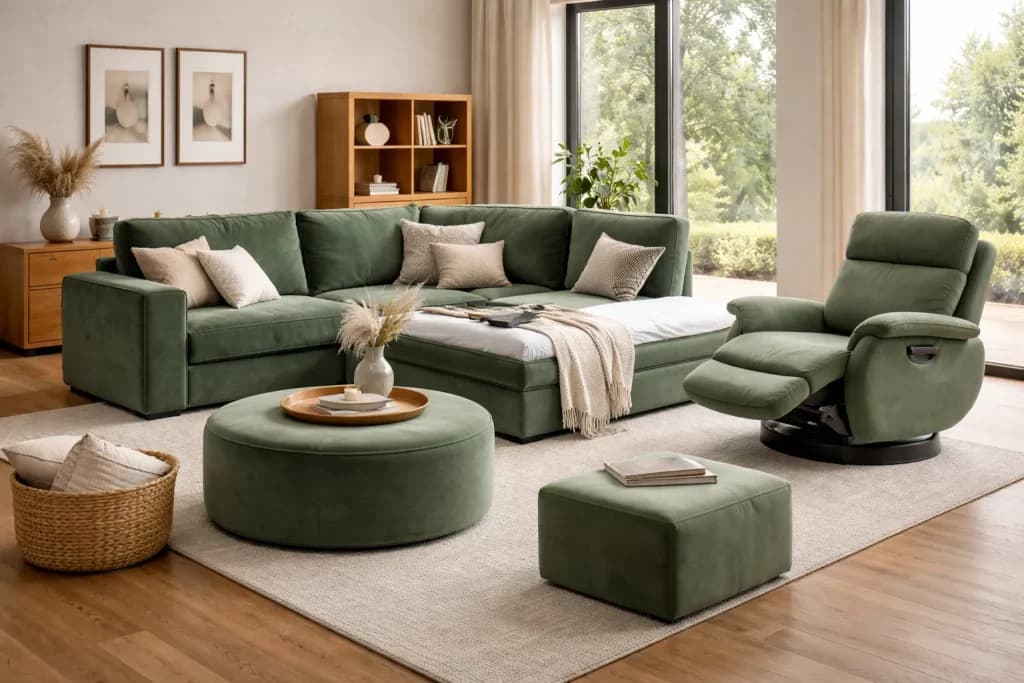 Baršunasto zelena modularna garnitura, trosjed ležaj, tabure i relax fotelja u modernom dnevnom boravku